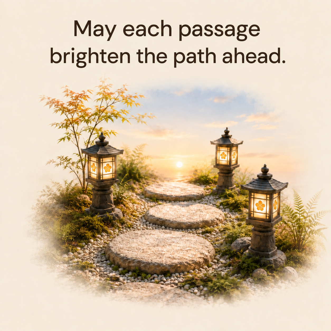 A lantern-lit stepping-stone path toward sunshine and blue sky. Caption: May each passage brighten the path ahead.